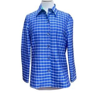 Nina Mclemore Silk Dupioni Tattersall Silk Plaid Blue Green Button-Down Shirt